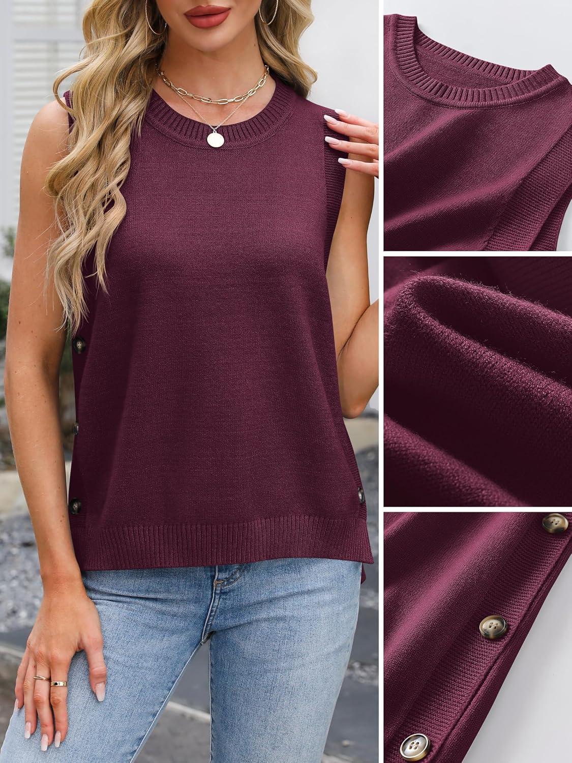 imageANRABESS Womens Sweater Vest Summer Sleeveless Crewneck Ribbed Knit Side Button Loose Pullover Tank Tops 2025 Fall OutfitsBurgundy