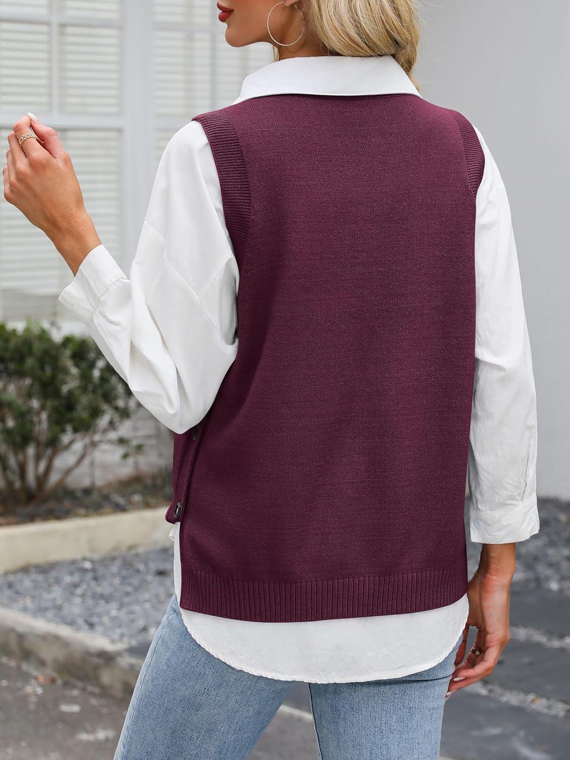 imageANRABESS Womens Sweater Vest Summer Sleeveless Crewneck Ribbed Knit Side Button Loose Pullover Tank Tops 2025 Fall OutfitsBurgundy