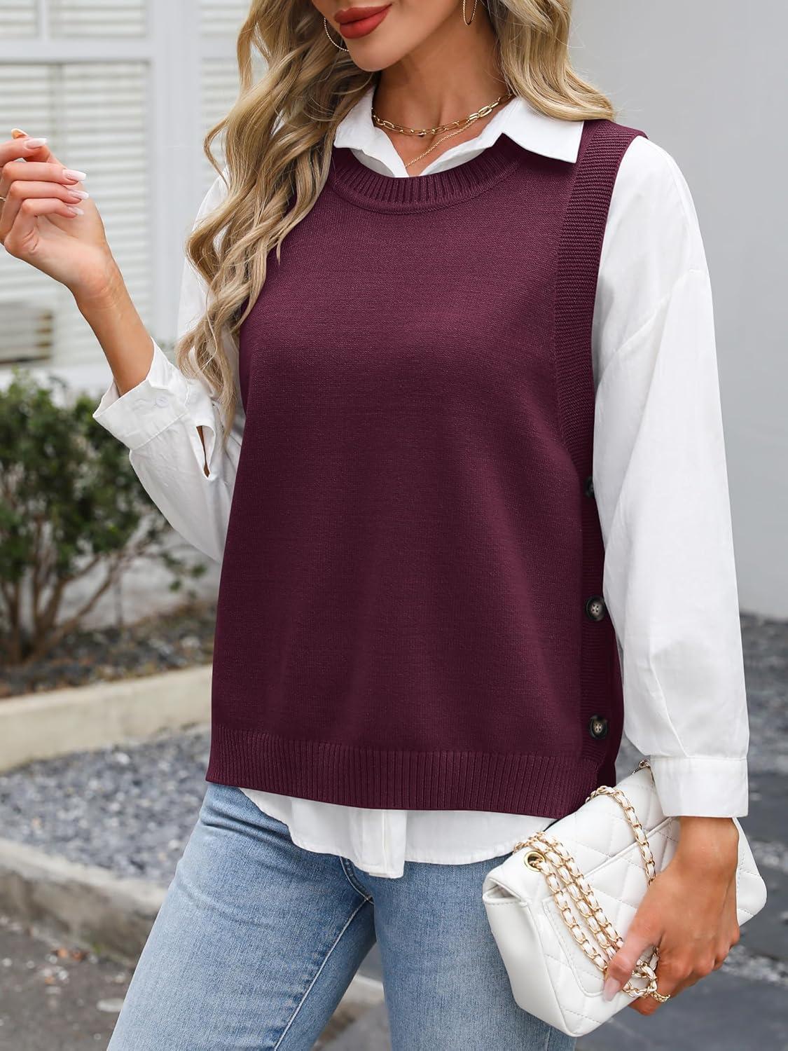imageANRABESS Womens Sweater Vest Summer Sleeveless Crewneck Ribbed Knit Side Button Loose Pullover Tank Tops 2025 Fall OutfitsBurgundy
