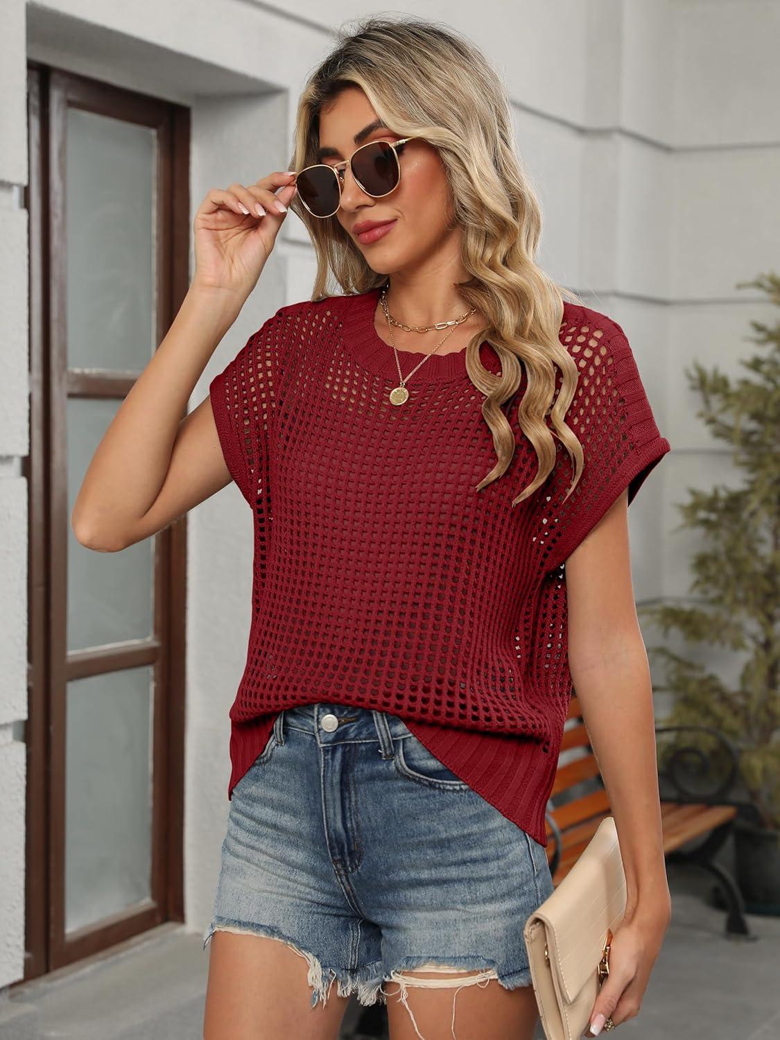 imageANRABESS Womens Tops 2026 Trendy Summer Shirts Crochet Cap Sleeve Knitted Sweater Beach Vacation Clothes Fall Fashion OutfitsRed