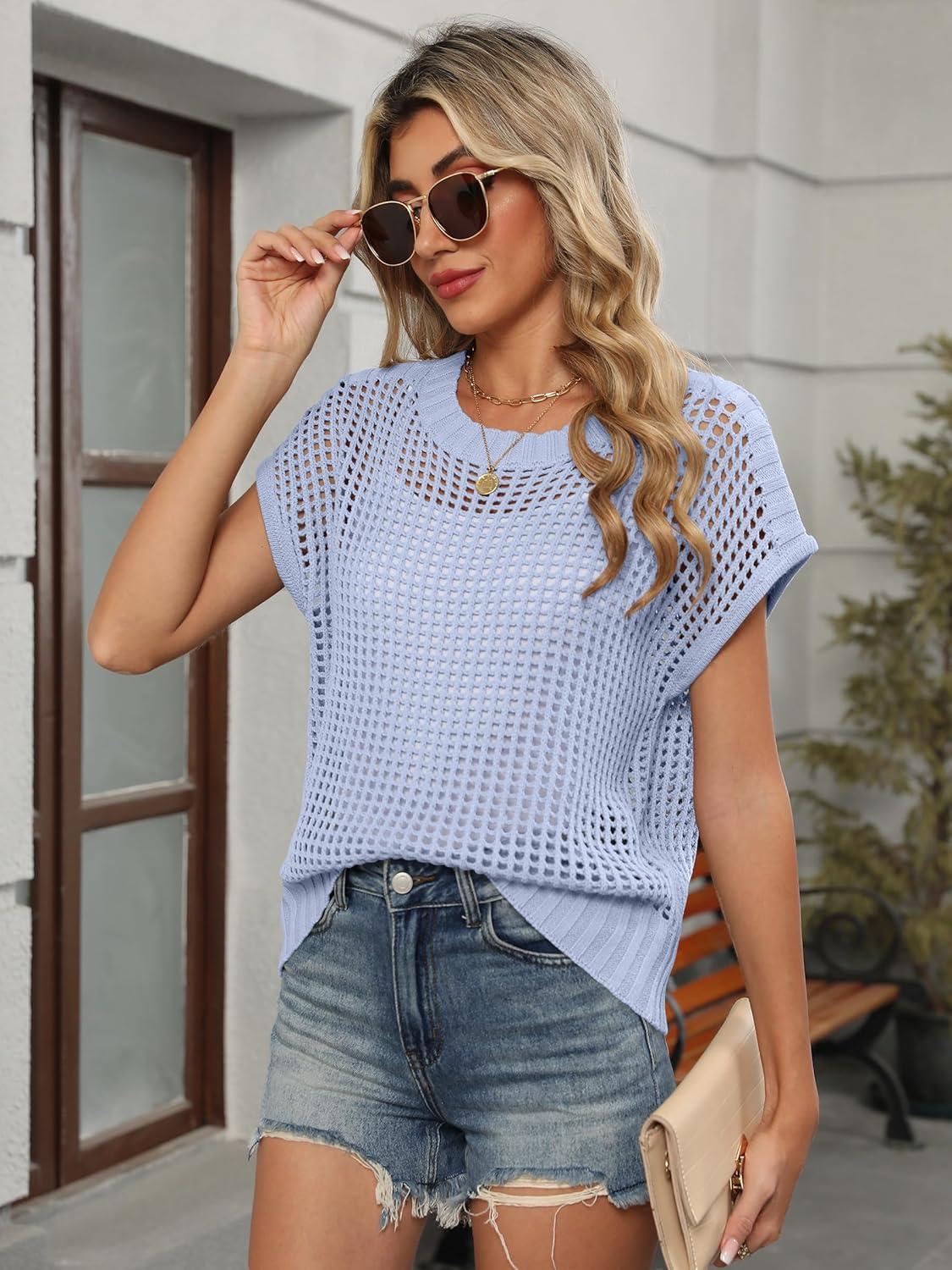 imageANRABESS Womens Tops 2026 Trendy Summer Shirts Crochet Cap Sleeve Knitted Sweater Beach Vacation Clothes Fall Fashion OutfitsSky