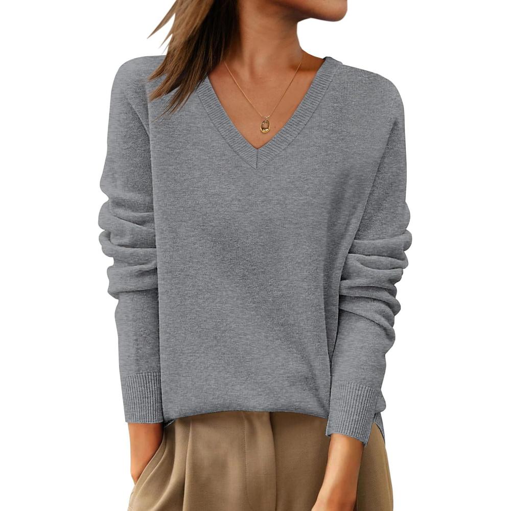 imageANRABESS Womens 100 Wool Sweaters V Neck Long Sleeve Work Business Casual Basic Pullover Sweater Tops 2025 Fall OutfitsGray