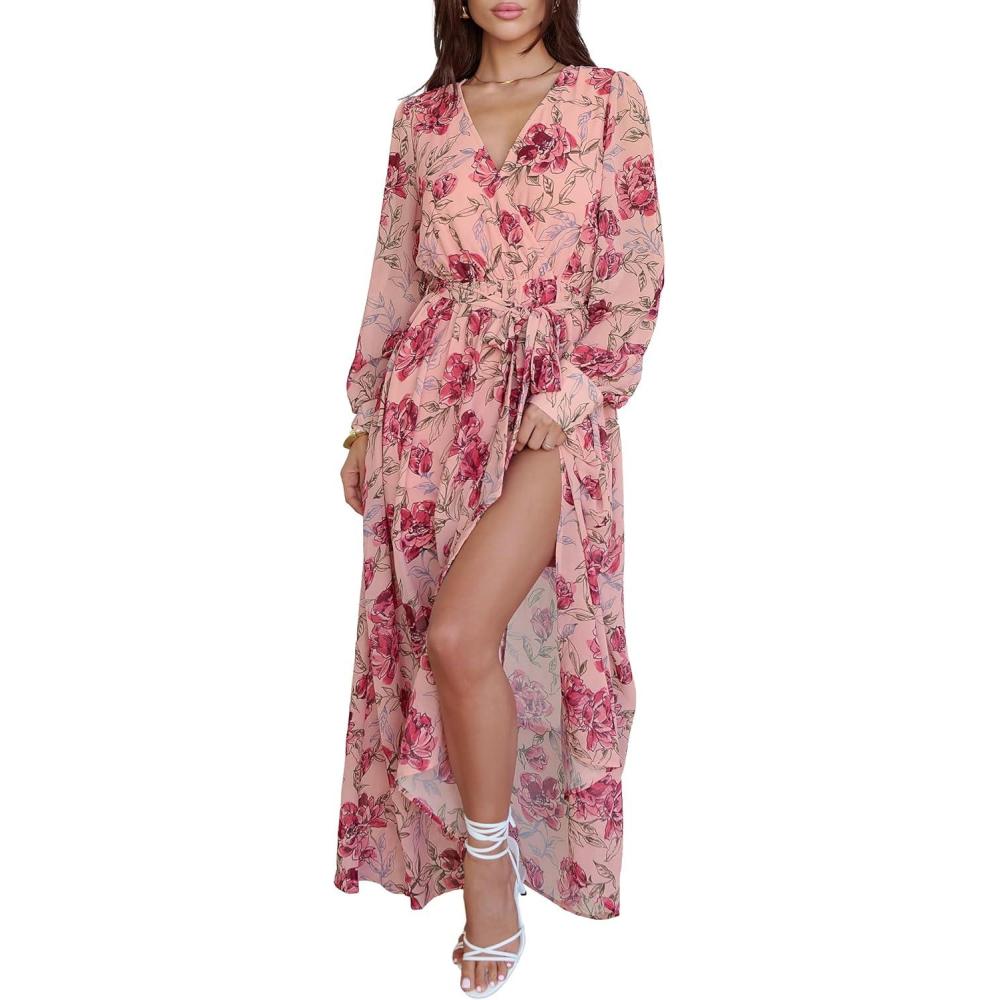 imageANRABESS Womens Long Sleeve Floral Maxi Dress Boho Flowy Wrap Slit V Neck Beach Fall Wedding Guest Party Vacation Dresses Rose Red Floral Medium