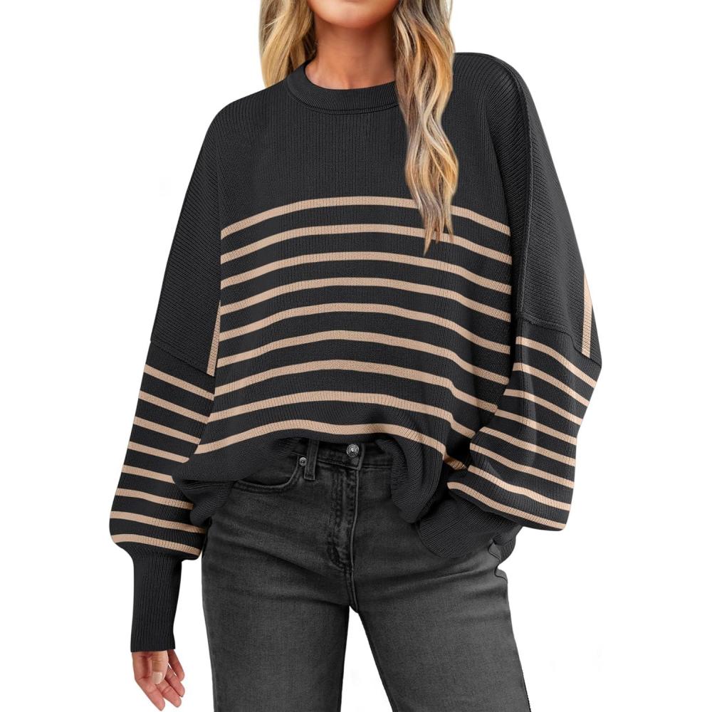 imageANRABESS Womens Oversized Sweaters Fall 2025 Fashion Crewneck Batwing Long Sleeve Side Slit Knit Pullover Sweater TopsStripe Yellow