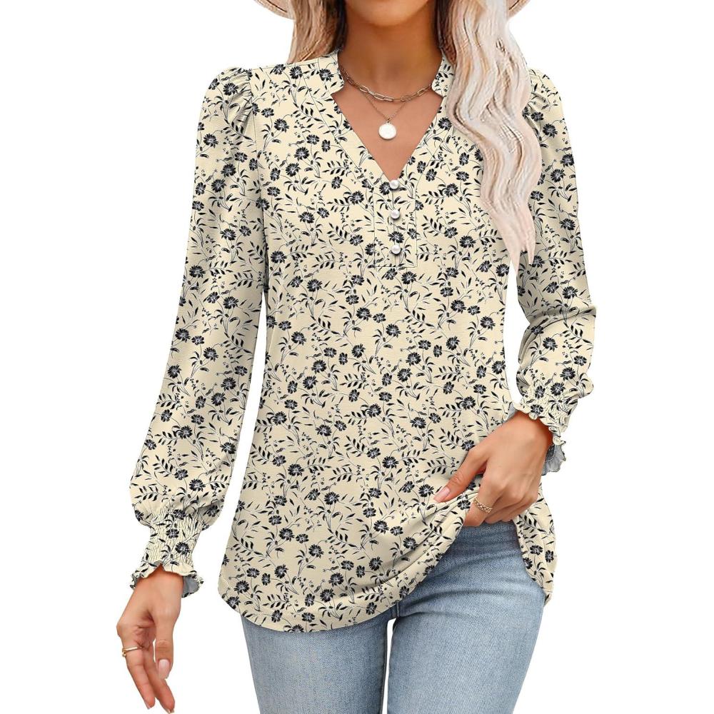 imageANRABESS Womens Puff Long Sleeve Shirts Dressy Casual Blouses 2025 Fall V Neck Loose Fit Floral Business Work Tunic TopsApricot Black Floral
