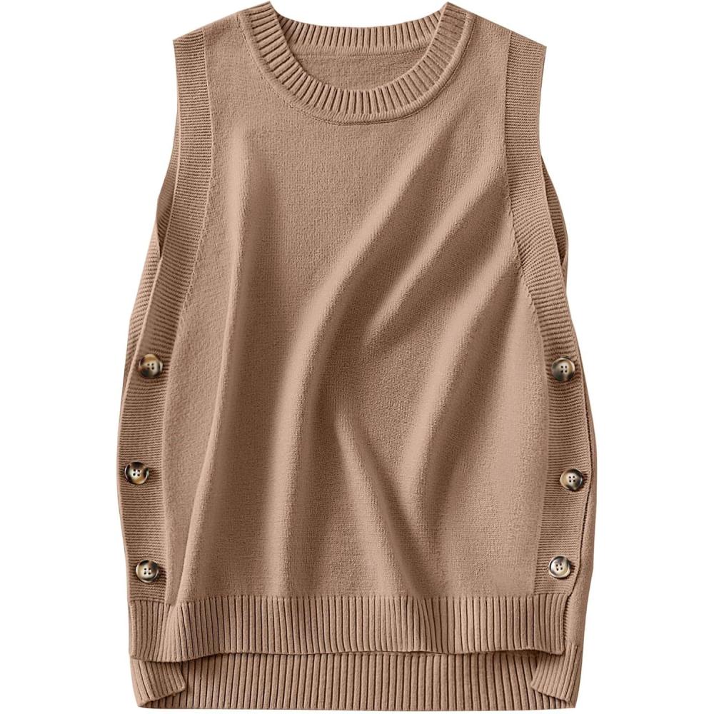 imageANRABESS Womens Sweater Vest Summer Sleeveless Crewneck Ribbed Knit Side Button Loose Pullover Tank Tops 2025 Fall OutfitsBrown