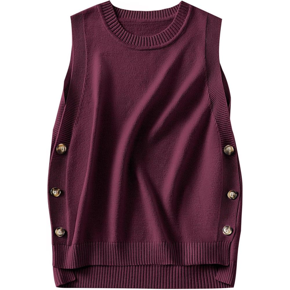 imageANRABESS Womens Sweater Vest Summer Sleeveless Crewneck Ribbed Knit Side Button Loose Pullover Tank Tops 2025 Fall OutfitsBurgundy