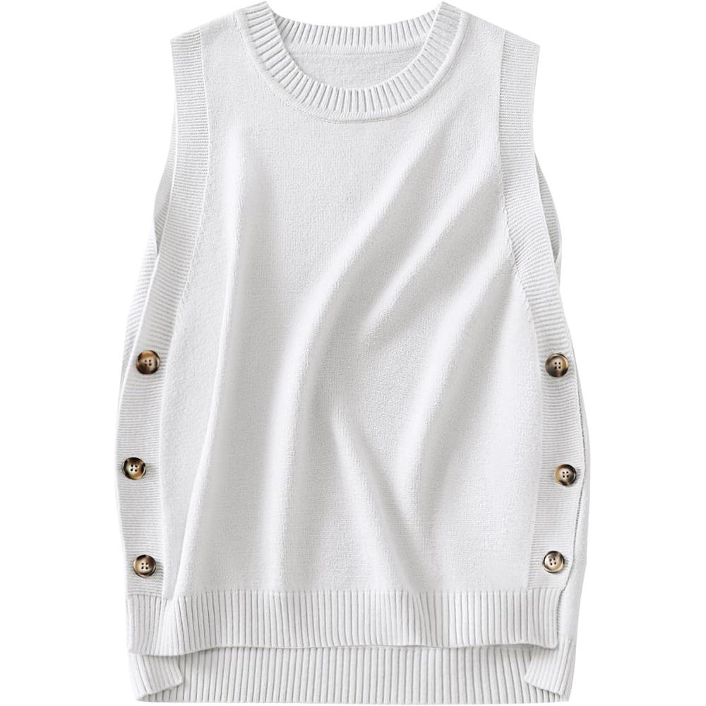 imageANRABESS Womens Sweater Vest Summer Sleeveless Crewneck Ribbed Knit Side Button Loose Pullover Tank Tops 2025 Fall OutfitsWhite