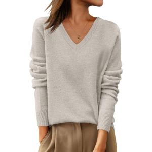 ANRABESS Womens 100% Wool Sweaters V Neck Long Sleeve Work Business Casual Basic Pullover Sweater Tops 2025 Fall Outfits(Apricot)