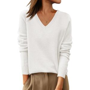 ANRABESS Womens 100% Wool Sweaters V Neck Long Sleeve Work Business Casual Basic Pullover Sweater Tops 2025 Fall Outfits(Beige)