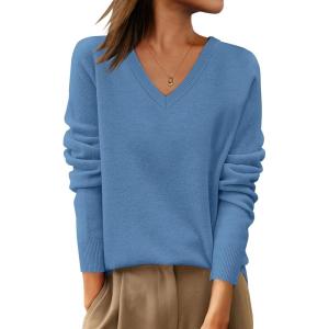 ANRABESS Womens 100% Wool Sweaters V Neck Long Sleeve Work Business Casual Basic Pullover Sweater Tops 2025 Fall Outfits(Blue)