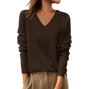 ANRABESS Womens 100% Wool Sweaters V Neck Long Sleeve Work Business Casual Basic Pullover Sweater Tops 2025 Fall Outfits(Brown)