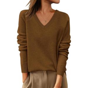 ANRABESS Womens 100% Wool Sweaters V Neck Long Sleeve Work Business Casual Basic Pullover Sweater Tops 2025 Fall Outfits(Caramel)