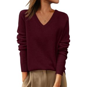 ANRABESS Womens 100% Wool Sweaters V Neck Long Sleeve Work Business Casual Basic Pullover Sweater Tops 2025 Fall Outfits(Dark Red)