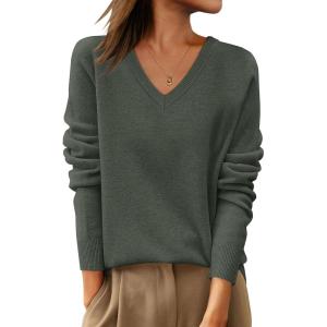 ANRABESS Womens 100% Wool Sweaters V Neck Long Sleeve Work Business Casual Basic Pullover Sweater Tops 2025 Fall Outfits(Green)