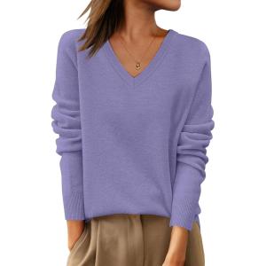 ANRABESS Womens 100% Wool Sweaters V Neck Long Sleeve Work Business Casual Basic Pullover Sweater Tops 2025 Fall Outfits(Light Purple)