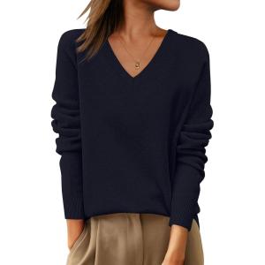 ANRABESS Womens 100% Wool Sweaters V Neck Long Sleeve Work Business Casual Basic Pullover Sweater Tops 2025 Fall Outfits(Navy Blue)