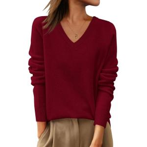 ANRABESS Womens 100% Wool Sweaters V Neck Long Sleeve Work Business Casual Basic Pullover Sweater Tops 2025 Fall Outfits(Red)