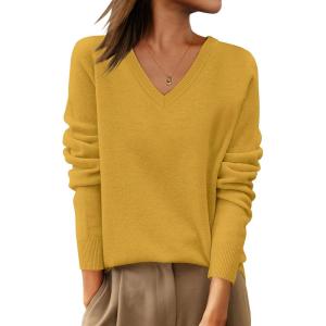 ANRABESS Womens 100% Wool Sweaters V Neck Long Sleeve Work Business Casual Basic Pullover Sweater Tops 2025 Fall Outfits(Yellow)