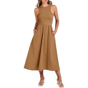 ANRABESS Womens 2025 Summer Casual Maxi Dress A line Tiered Flowy Short Sleeve Crewneck T Shirt Beach Travel Long Dresses(Caramel)