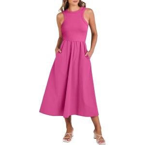 ANRABESS Womens 2025 Summer Casual Maxi Dress A line Tiered Flowy Short Sleeve Crewneck T Shirt Beach Travel Long Dresses(Hot Pink)