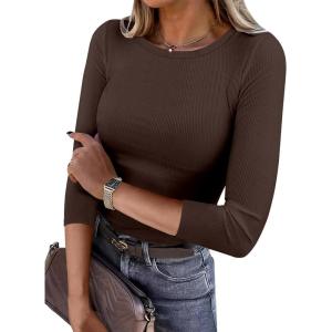 ANRABESS Womens 3/4 Long Sleeve Tops Ribbed Knit Slim Fitted Shirts Basic Tee Fall Outfits 2025 Fashion Y2K Clothes(Brown)