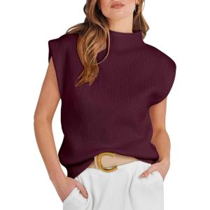 ANRABESS Women’s Mock Neck Sleeveless Sweater Vest Casual Cap Sleeve Knit Pullover Tank Tops 2025 Fall Clothes(Burgundy)