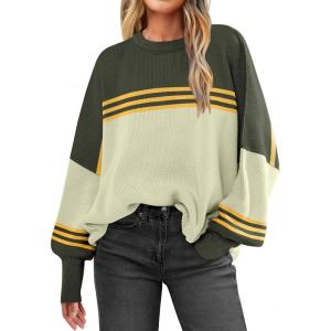 ANRABESS Womens Oversized Sweaters Fall 2025 Fashion Crewneck Batwing Long Sleeve Side Slit Knit Pullover Sweater Tops(Colorblock Armygreen)