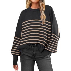 ANRABESS Womens Oversized Sweaters Fall 2025 Fashion Crewneck Batwing Long Sleeve Side Slit Knit Pullover Sweater Tops(Stripe Yellow)