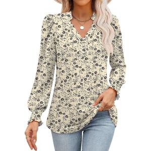 ANRABESS Womens Puff Long Sleeve Shirts Dressy Casual Blouses 2025 Fall V Neck Loose Fit Floral Business Work Tunic Tops(Apricot Black Floral)