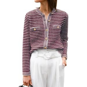 ANRABESS Women’s Striped Cardigan Sweaters Casual Long Sleeve Open Front Button Down Knit Cropped Jackets Fall Coat Outerwear(Stripe Burgundy)