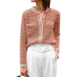 ANRABESS Women’s Striped Cardigan Sweaters Casual Long Sleeve Open Front Button Down Knit Cropped Jackets Fall Coat Outerwear(Stripe Rust)