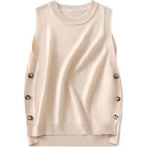 ANRABESS Womens Sweater Vest Summer Sleeveless Crewneck Ribbed Knit Side Button Loose Pullover Tank Tops 2025 Fall Outfits(Beige)