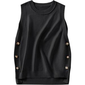 ANRABESS Womens Sweater Vest Summer Sleeveless Crewneck Ribbed Knit Side Button Loose Pullover Tank Tops 2025 Fall Outfits(Black)