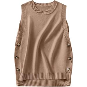 ANRABESS Womens Sweater Vest Summer Sleeveless Crewneck Ribbed Knit Side Button Loose Pullover Tank Tops 2025 Fall Outfits(Brown)
