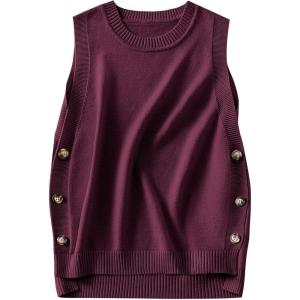 ANRABESS Womens Sweater Vest Summer Sleeveless Crewneck Ribbed Knit Side Button Loose Pullover Tank Tops 2025 Fall Outfits(Burgundy)