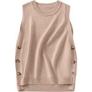 ANRABESS Womens Sweater Vest Summer Sleeveless Crewneck Ribbed Knit Side Button Loose Pullover Tank Tops 2025 Fall Outfits(Flush Pink)