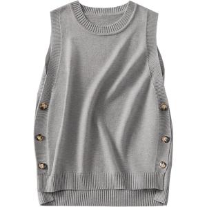ANRABESS Womens Sweater Vest Summer Sleeveless Crewneck Ribbed Knit Side Button Loose Pullover Tank Tops 2025 Fall Outfits(Gray)