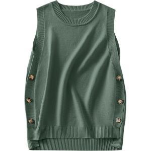 ANRABESS Womens Sweater Vest Summer Sleeveless Crewneck Ribbed Knit Side Button Loose Pullover Tank Tops 2025 Fall Outfits(Green)
