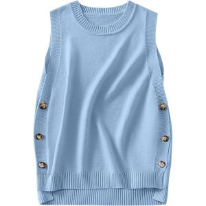 ANRABESS Womens Sweater Vest Summer Sleeveless Crewneck Ribbed Knit Side Button Loose Pullover Tank Tops 2025 Fall Outfits(Light Blue)