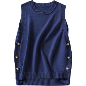 ANRABESS Womens Sweater Vest Summer Sleeveless Crewneck Ribbed Knit Side Button Loose Pullover Tank Tops 2025 Fall Outfits(Navy Blue)