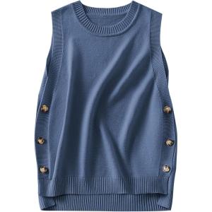 ANRABESS Womens Sweater Vest Summer Sleeveless Crewneck Ribbed Knit Side Button Loose Pullover Tank Tops 2025 Fall Outfits(Steel Blue)
