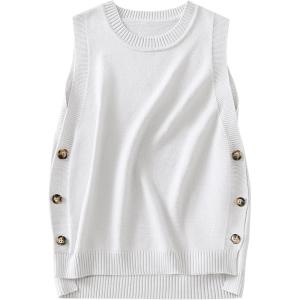 ANRABESS Womens Sweater Vest Summer Sleeveless Crewneck Ribbed Knit Side Button Loose Pullover Tank Tops 2025 Fall Outfits(White)