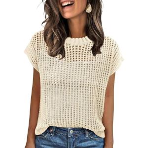 ANRABESS Womens Tops 2026 Trendy Summer Shirts Crochet Cap Sleeve Knitted Sweater Beach Vacation Clothes Fall Fashion Outfits(Beige)