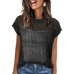 ANRABESS Womens Tops 2026 Trendy Summer Shirts Crochet Cap Sleeve Knitted Sweater Beach Vacation Clothes Fall Fashion Outfits(Black)