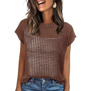 ANRABESS Womens Tops 2026 Trendy Summer Shirts Crochet Cap Sleeve Knitted Sweater Beach Vacation Clothes Fall Fashion Outfits(Brown)