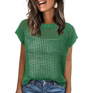 ANRABESS Womens Tops 2026 Trendy Summer Shirts Crochet Cap Sleeve Knitted Sweater Beach Vacation Clothes Fall Fashion Outfits(Green)