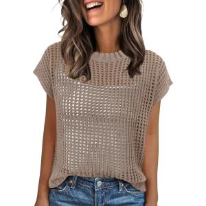 ANRABESS Womens Tops 2026 Trendy Summer Shirts Crochet Cap Sleeve Knitted Sweater Beach Vacation Clothes Fall Fashion Outfits(Khaki)