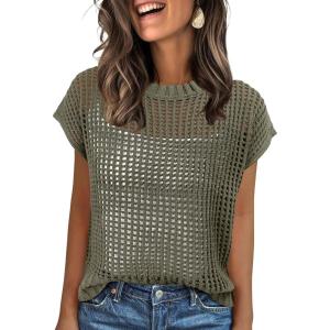 ANRABESS Womens Tops 2026 Trendy Summer Shirts Crochet Cap Sleeve Knitted Sweater Beach Vacation Clothes Fall Fashion Outfits(Light Green)
