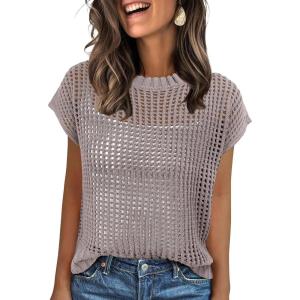 ANRABESS Womens Tops 2026 Trendy Summer Shirts Crochet Cap Sleeve Knitted Sweater Beach Vacation Clothes Fall Fashion Outfits(Light Khaki)